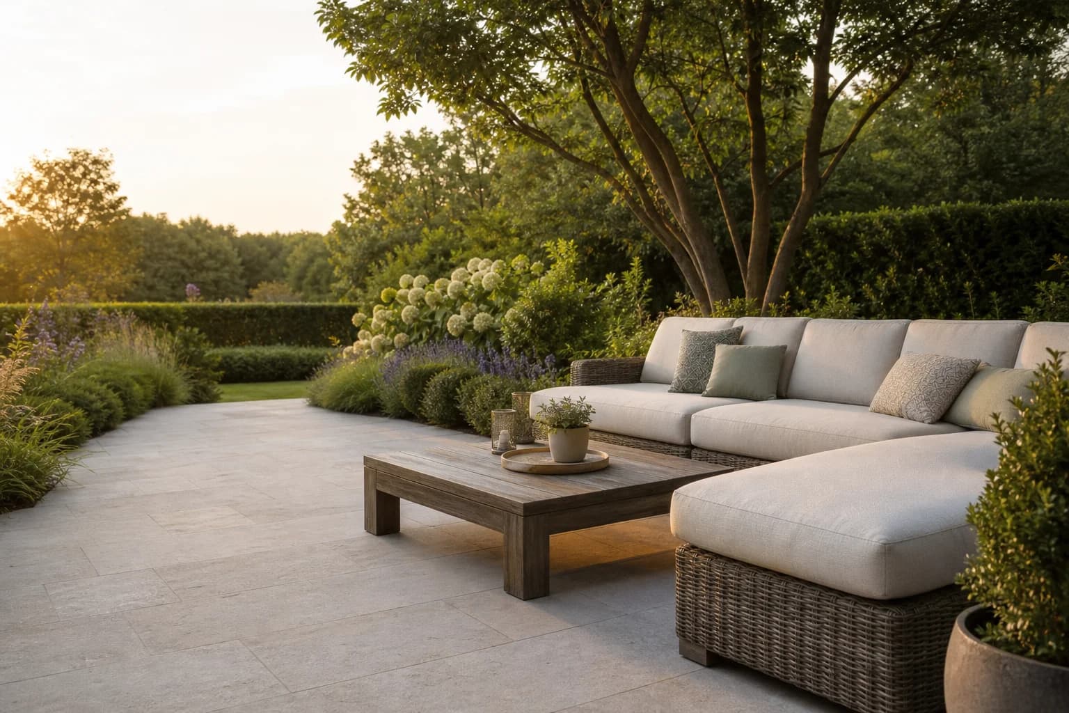 Modern garden lounge set on a stone patio