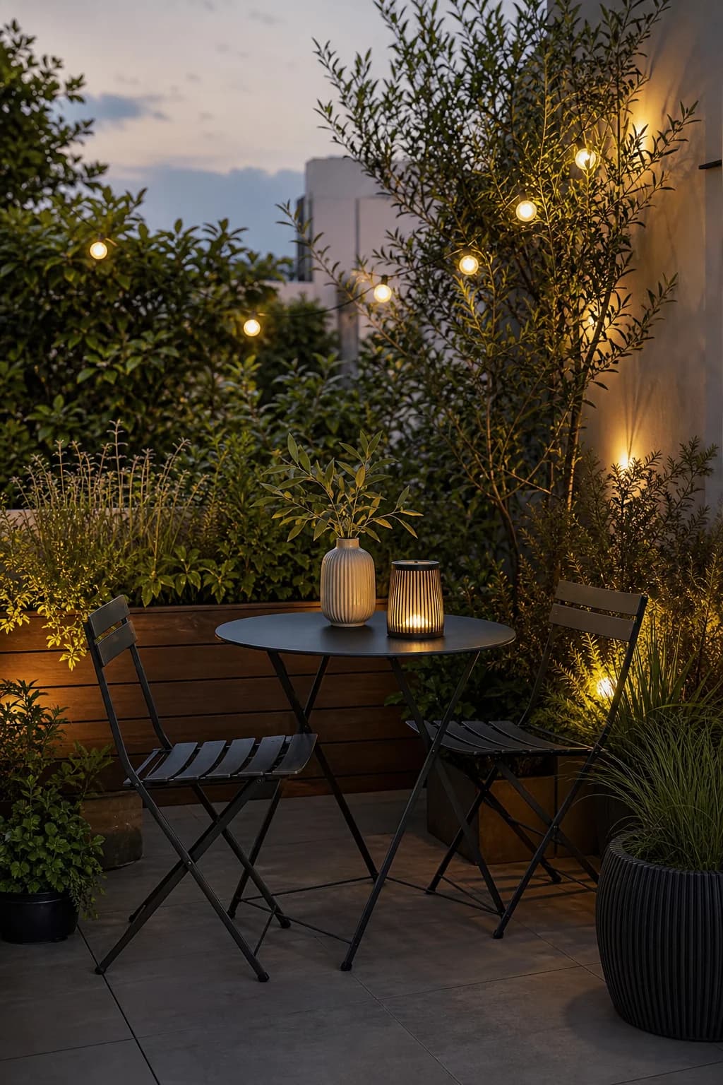 Bistro set on a garden terrace at dusk