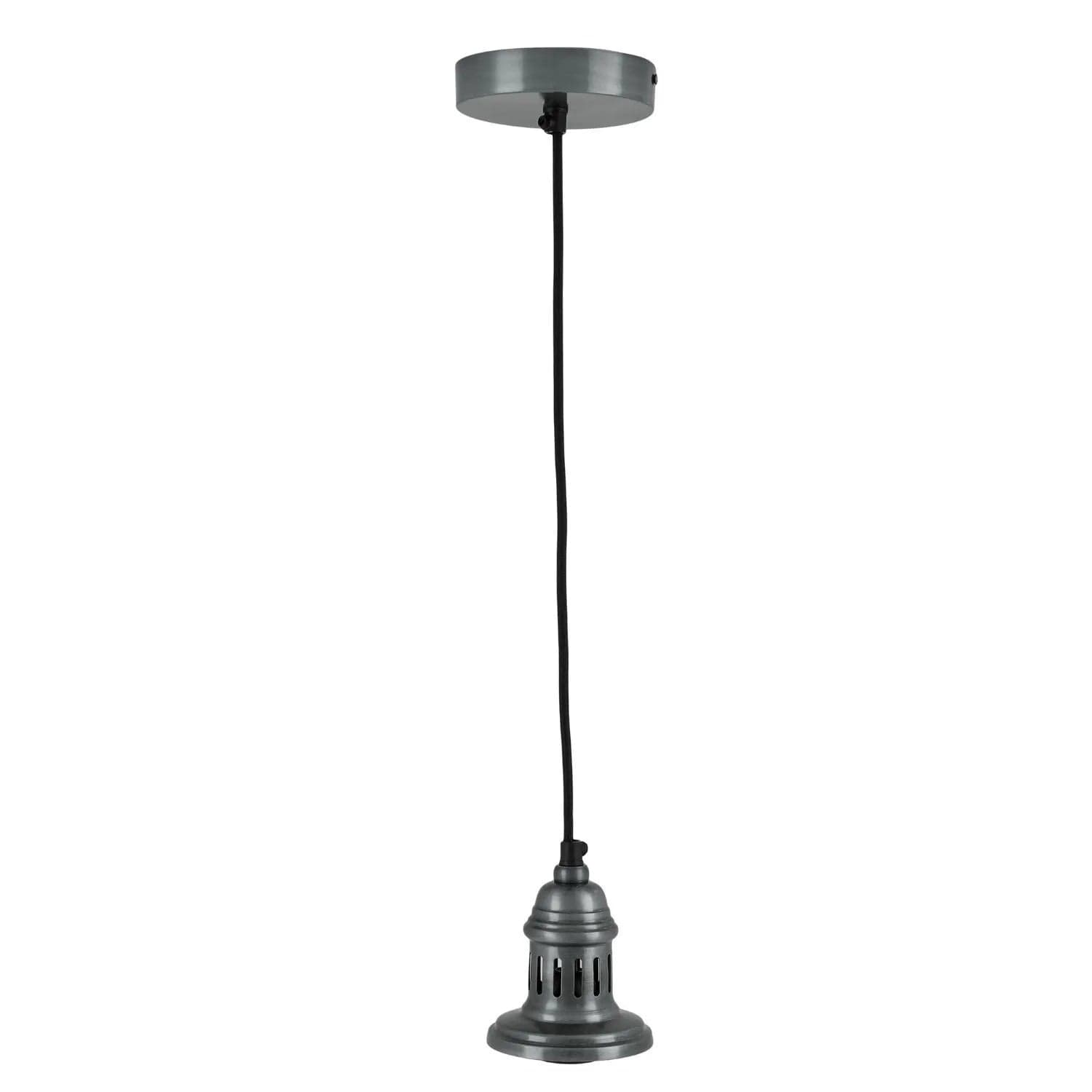 Dark Antique Silver Metal Pendant Ceiling Light Fitting with Black Fabric Cable - E27 Dimmable Suspension Kit 145x12cm