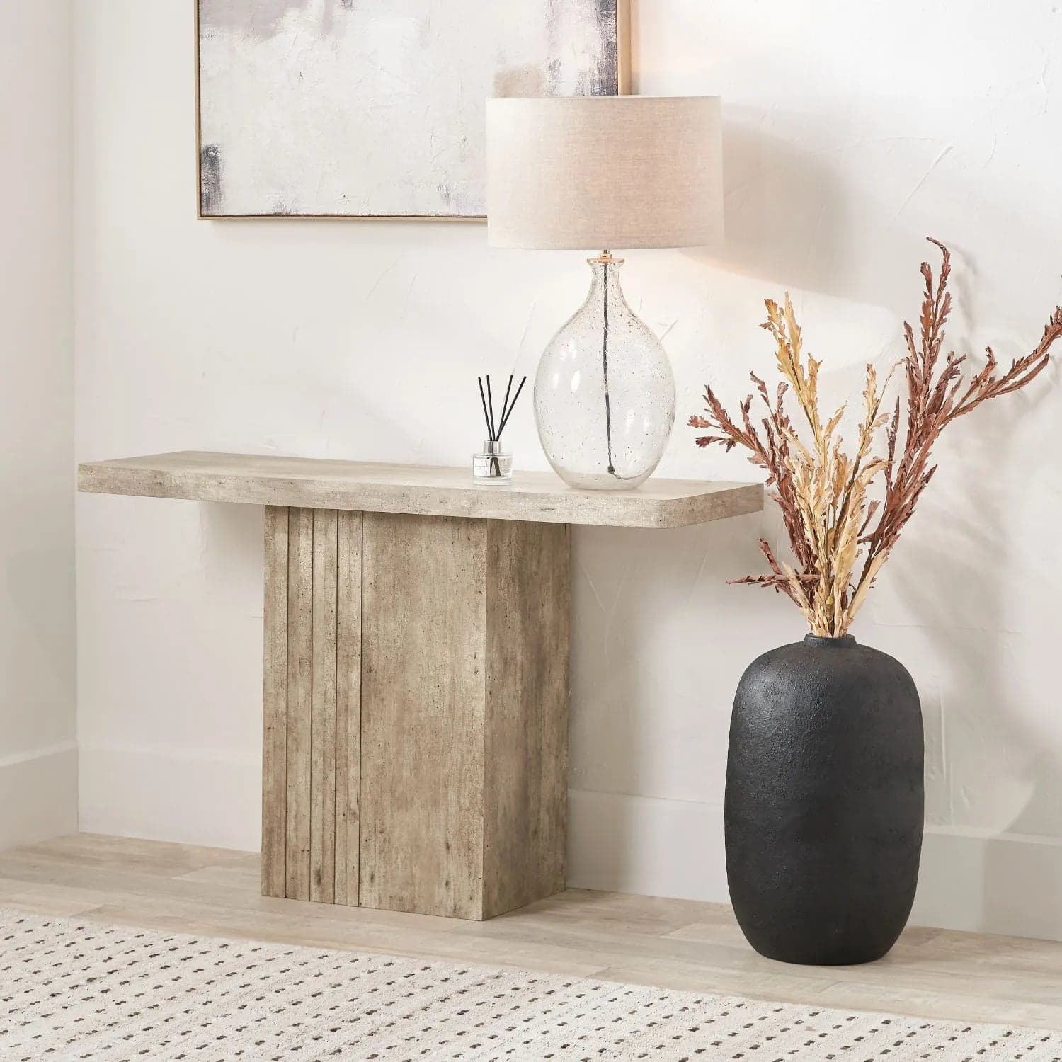 Stone Concrete Effect Finish Console Table with Grooved Pedestal Base 76x120x40cm
