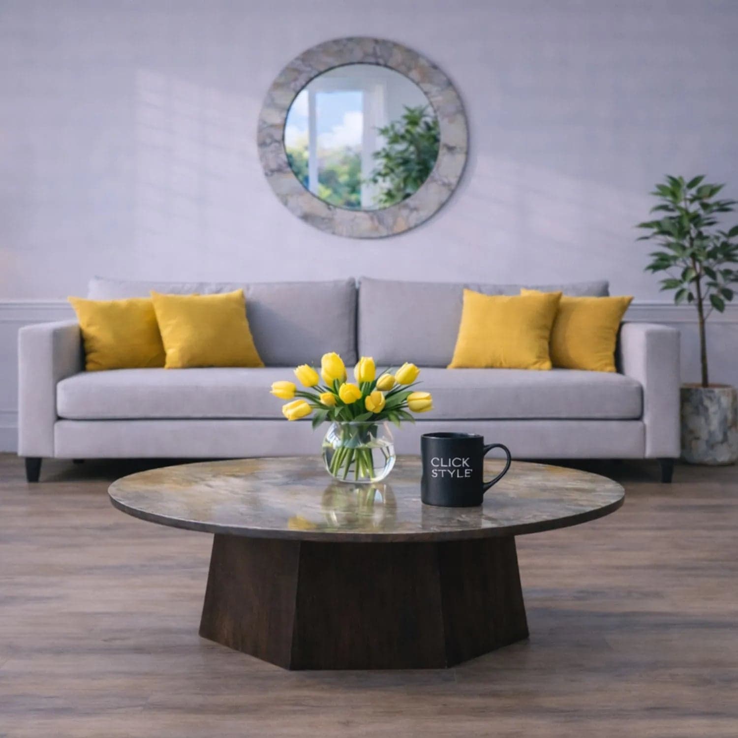 Grey Marble Effect Round Coffee Table with Stone Veneer Top & Dark Brown Pedestal Base – Contemporary Pedestal Coffee Table 40x80x80cm
