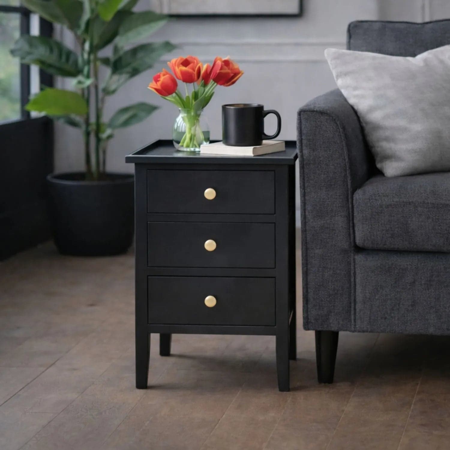 Satin Black Pine Wood 3 Drawer Side Table with Gold Handles 66x43x33cm
