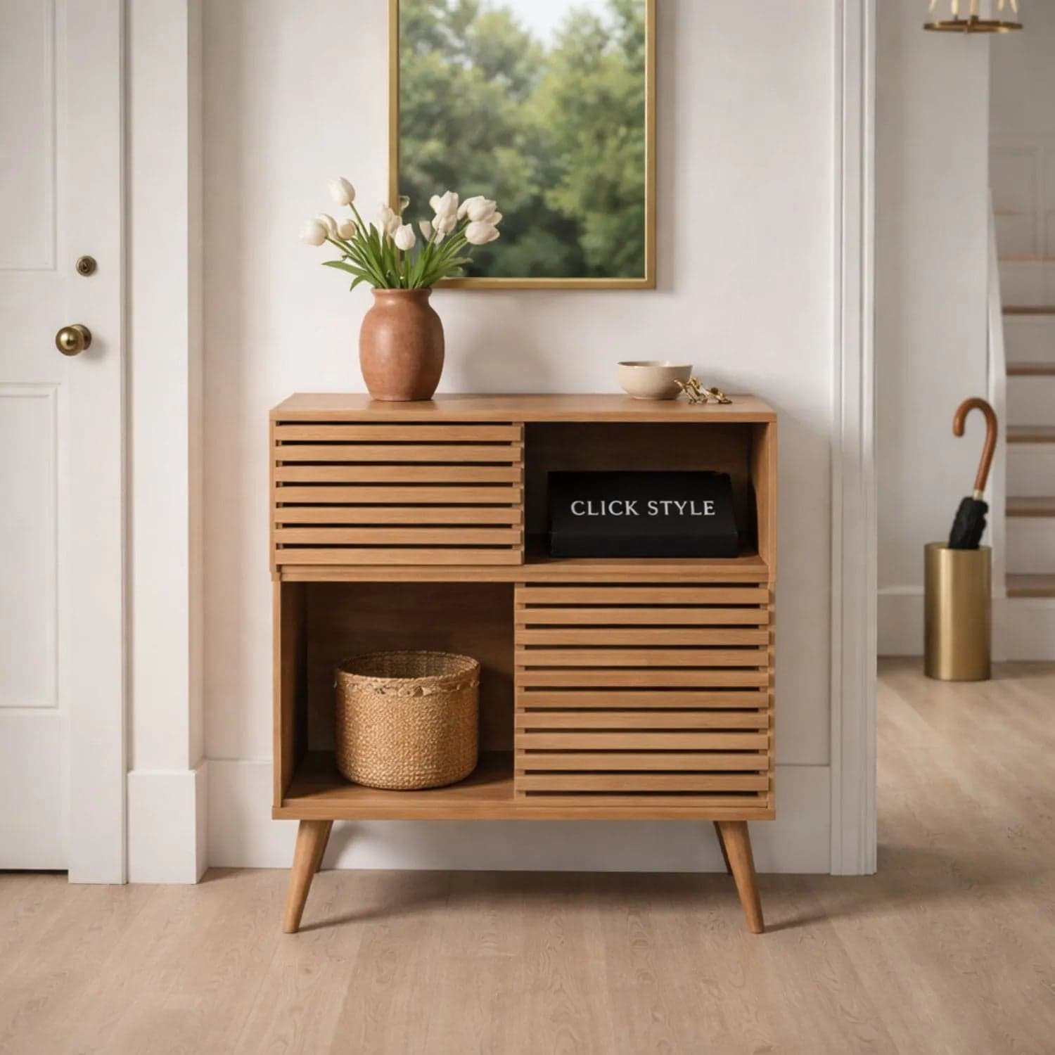 Natural Eucalyptus Wooden 2 Door Storage Cabinet with Slatted Sliding Doors – Slim Scandinavian Storage Unit with Tapered Legs 84x80x39cm